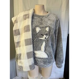 Etam Grey Fox Plush Fleece Pajama Set Long Sleeve Top and Plaid Pants Loungewear